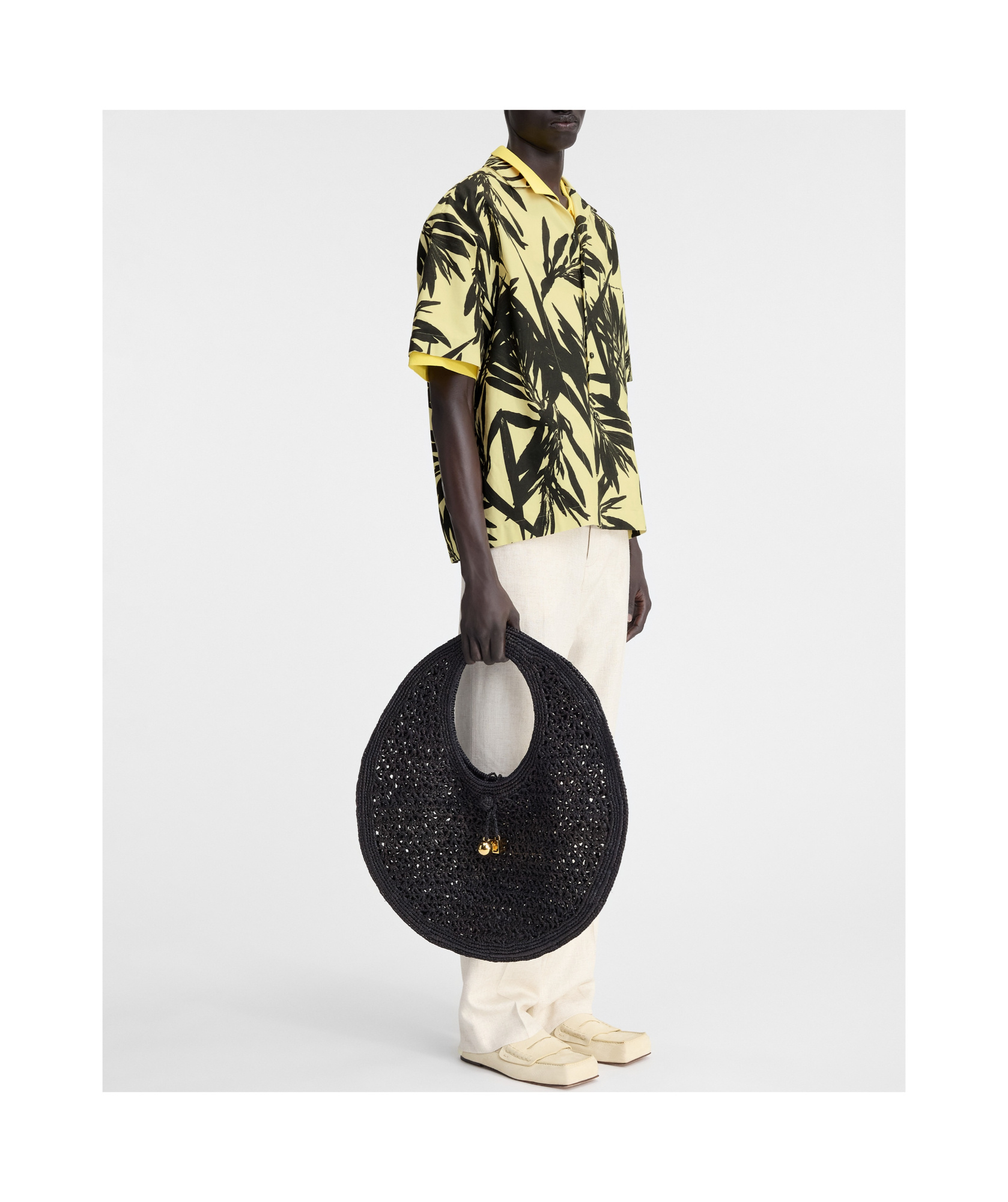 Jacquemus 'la Chemise Jean' Multicolor Bowling Shirt With Palm Print In Black