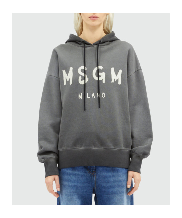 Shop Msgm Logo-print Cotton Hoodie In Gray