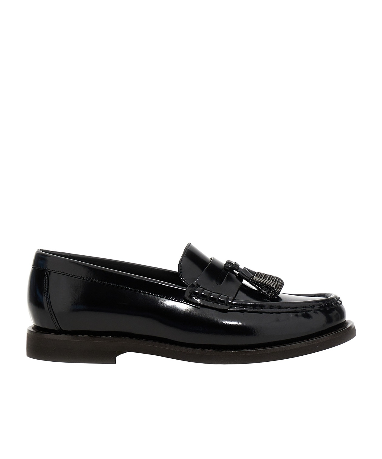 Brunello Cucinelli Minimal Shiny Tassel Calfskin Lo In Black