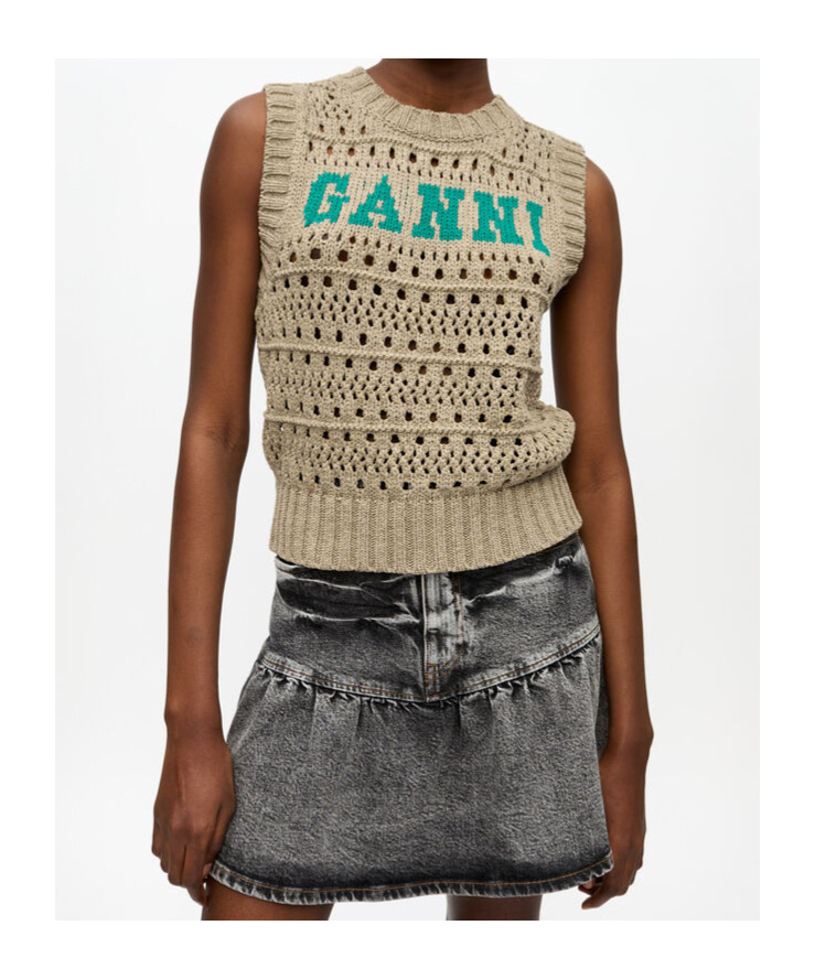 Ganni Perforated Vest With Logo Inlay In Nude