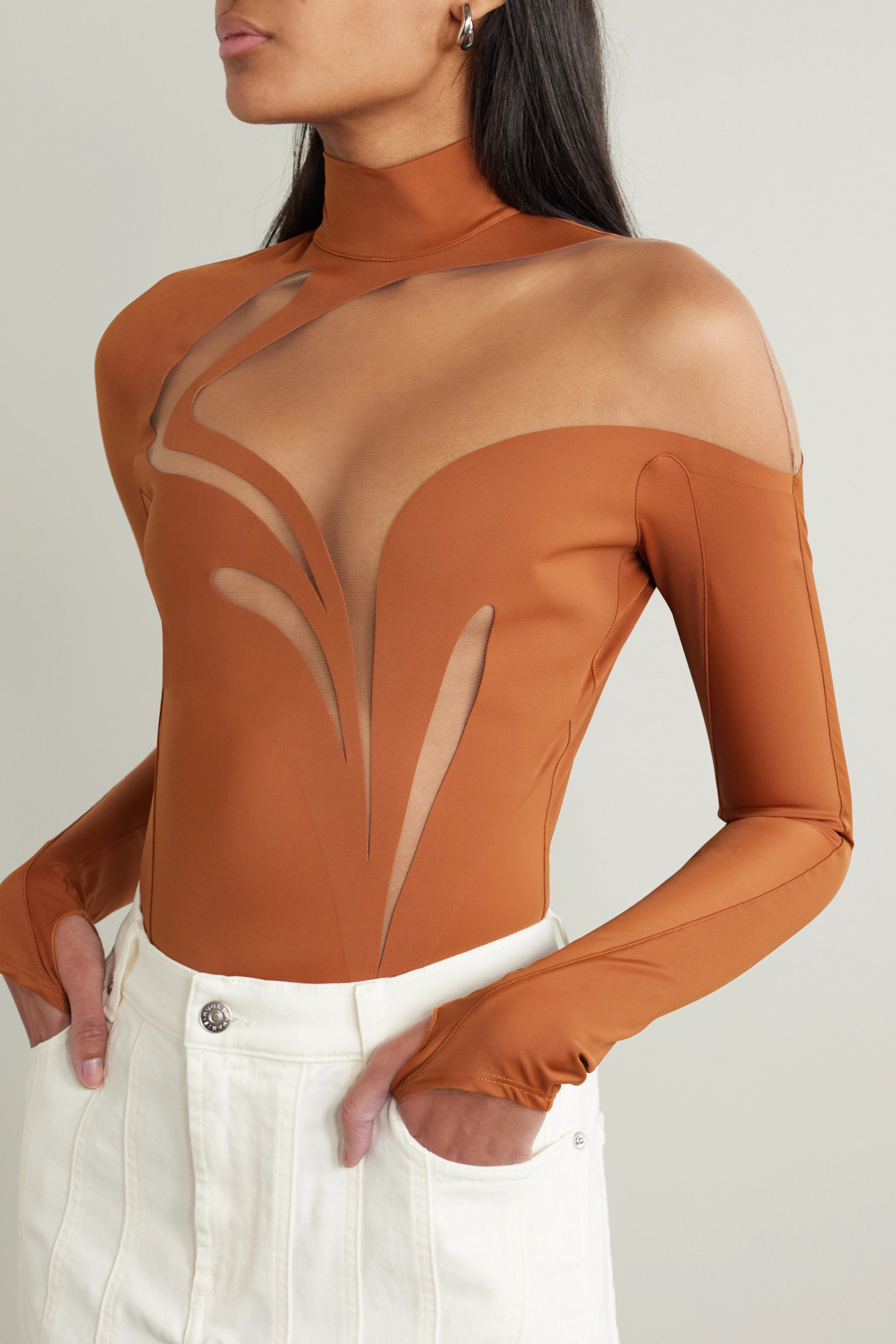 Mugler Long-sleeved Jumpsuit In Brown