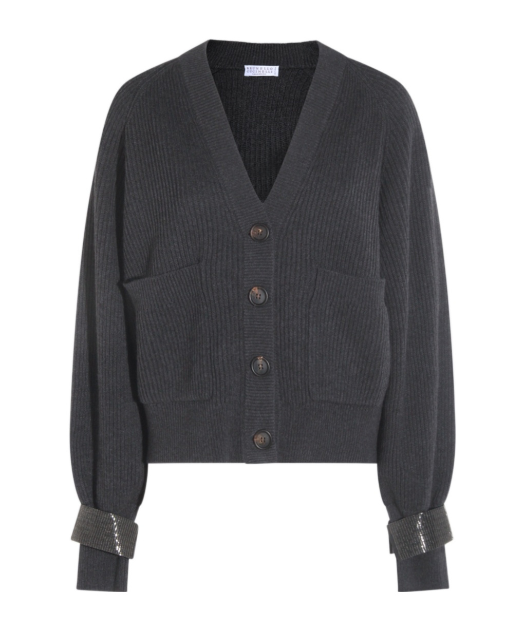 Brunello Cucinelli Ribbed V-neck Knitwear Cuffed Sleeves In Black