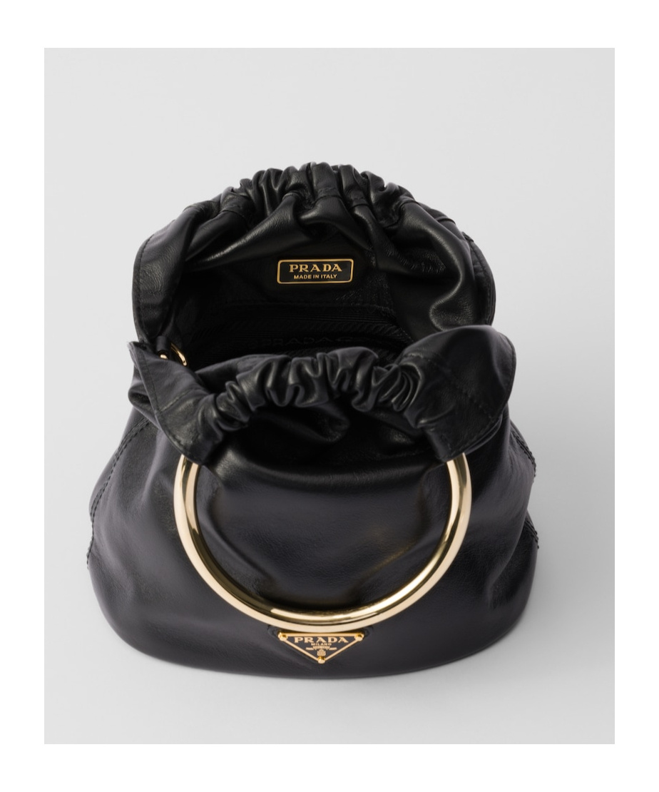 Prada Mini Logo Plaque Leather Bucket Bag In Black