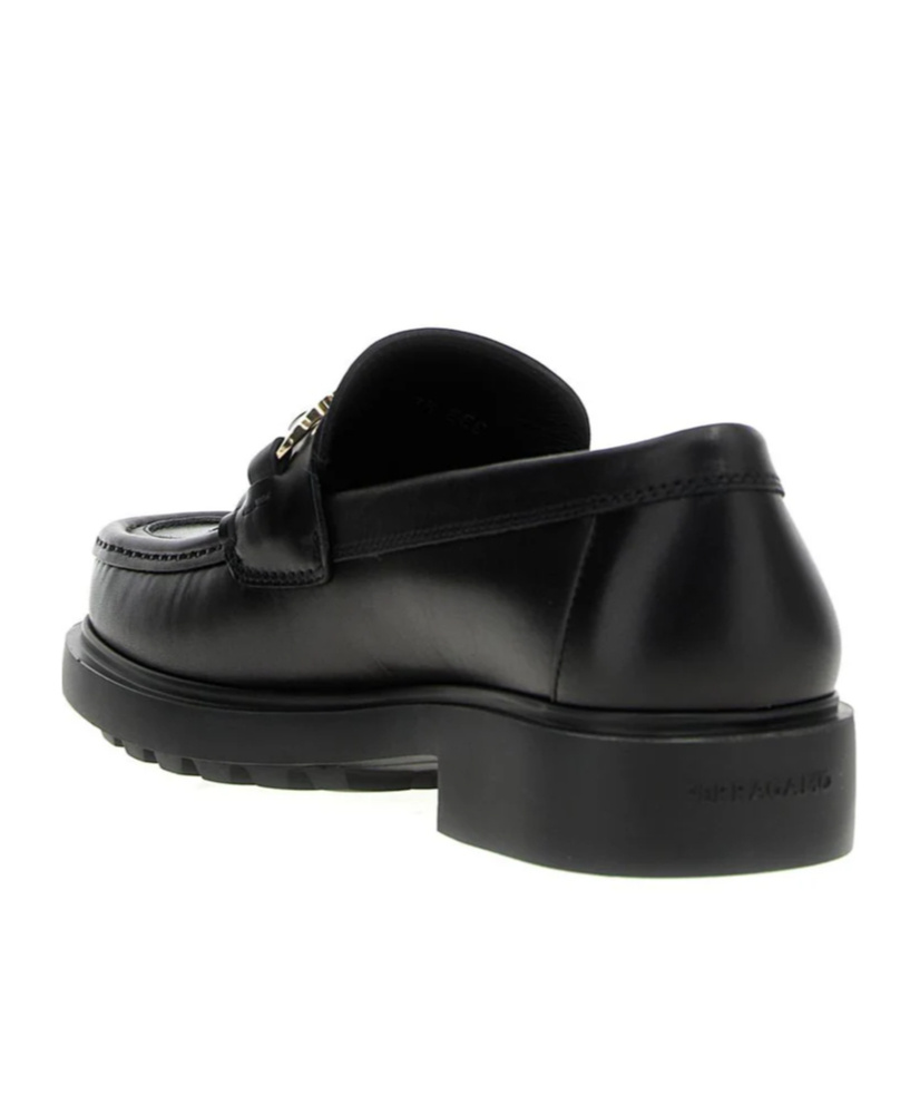 Ferragamo Black Leather Loafers With Gancini Ornament In Black