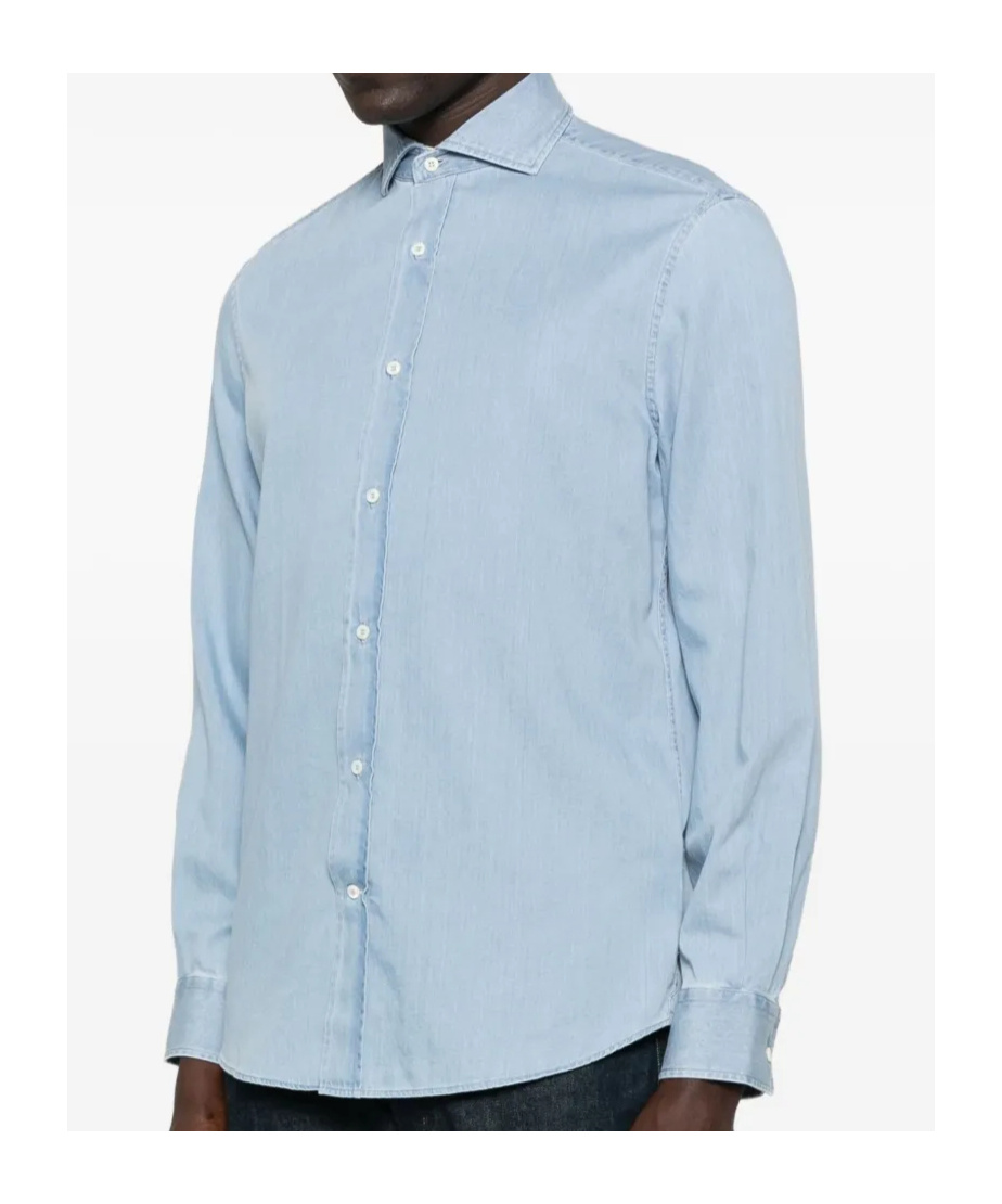 Brunello Cucinelli Denim Shirt With Long Sleeves And Curved Hem In Blue
