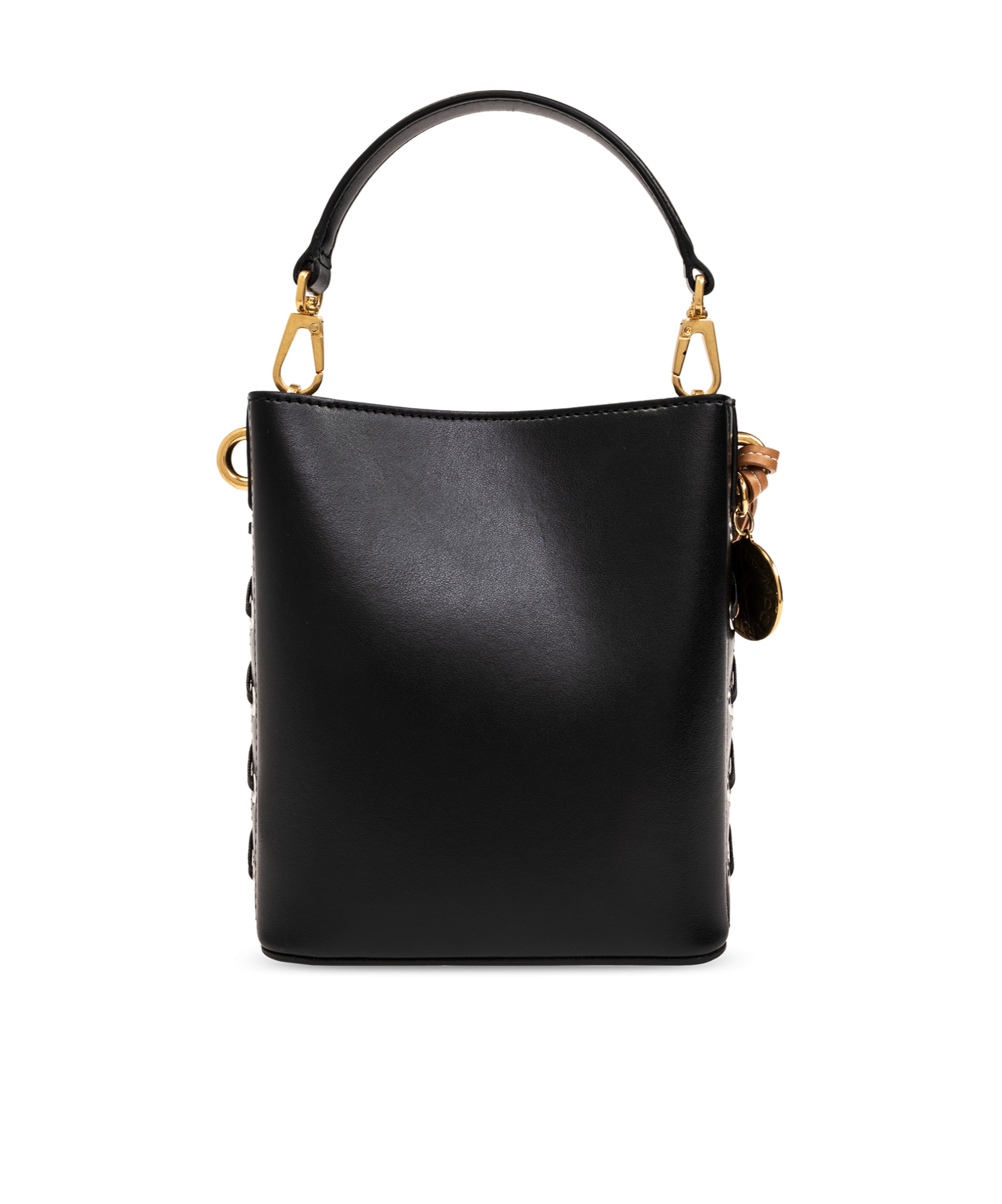 Stella Mccartney Frayme Logo-charm Bucket Bag In Black