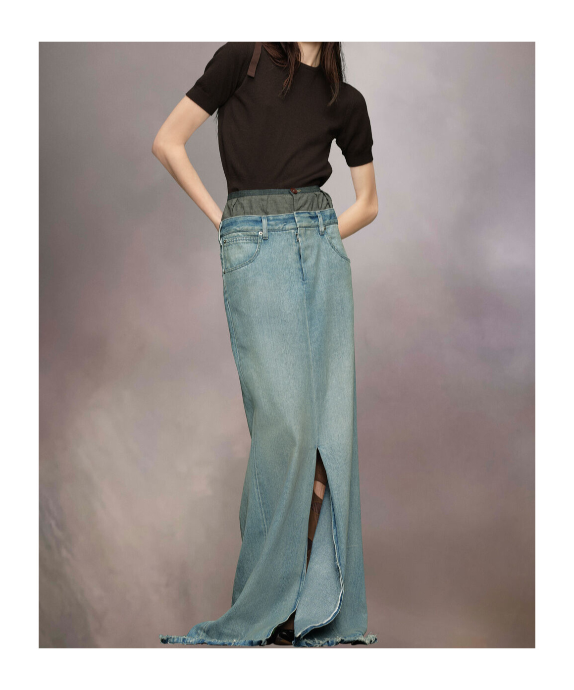Maison Margiela Light Blue Long Skirt With Front Slit And Five Pocket Design In Denim Woman In Gray