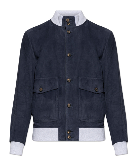 Eleventy Leather Jacket Chest Pockets Front Ribbed Hem In Blue