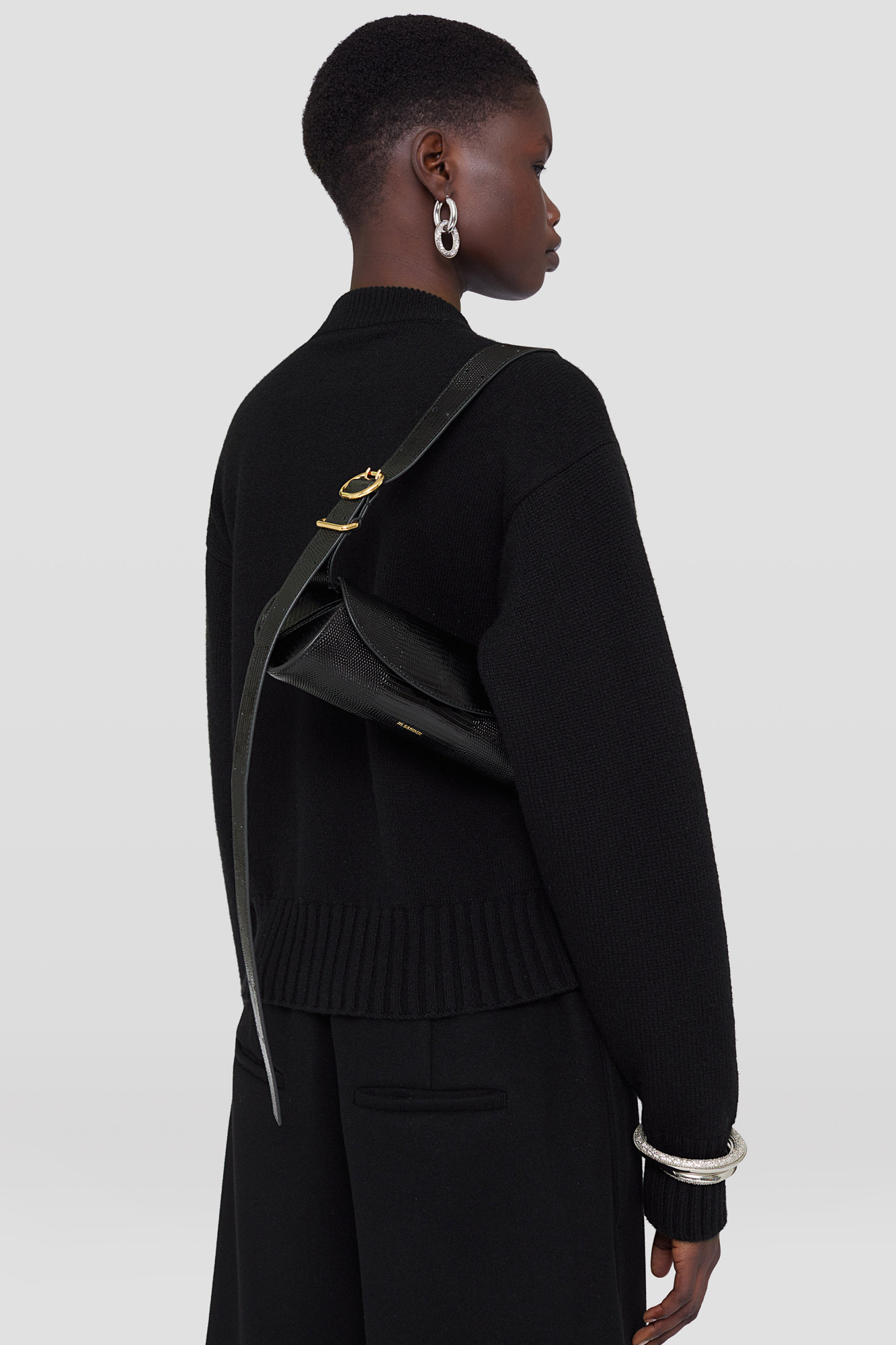Jil Sander Large Cannolo Foldover Top Shoulder Bag In Black