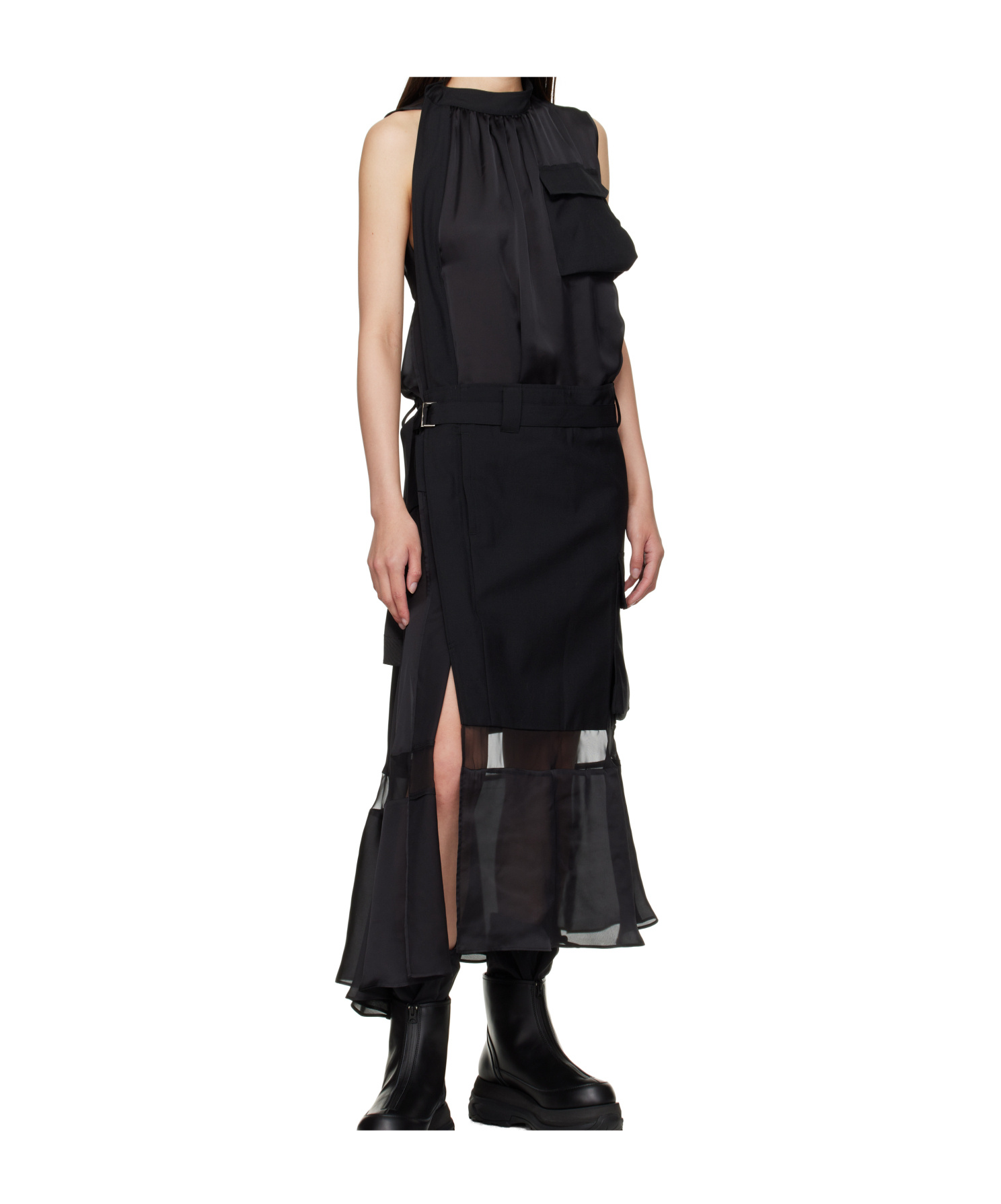 Sacai Sheer-panelled Belted Dress In Black