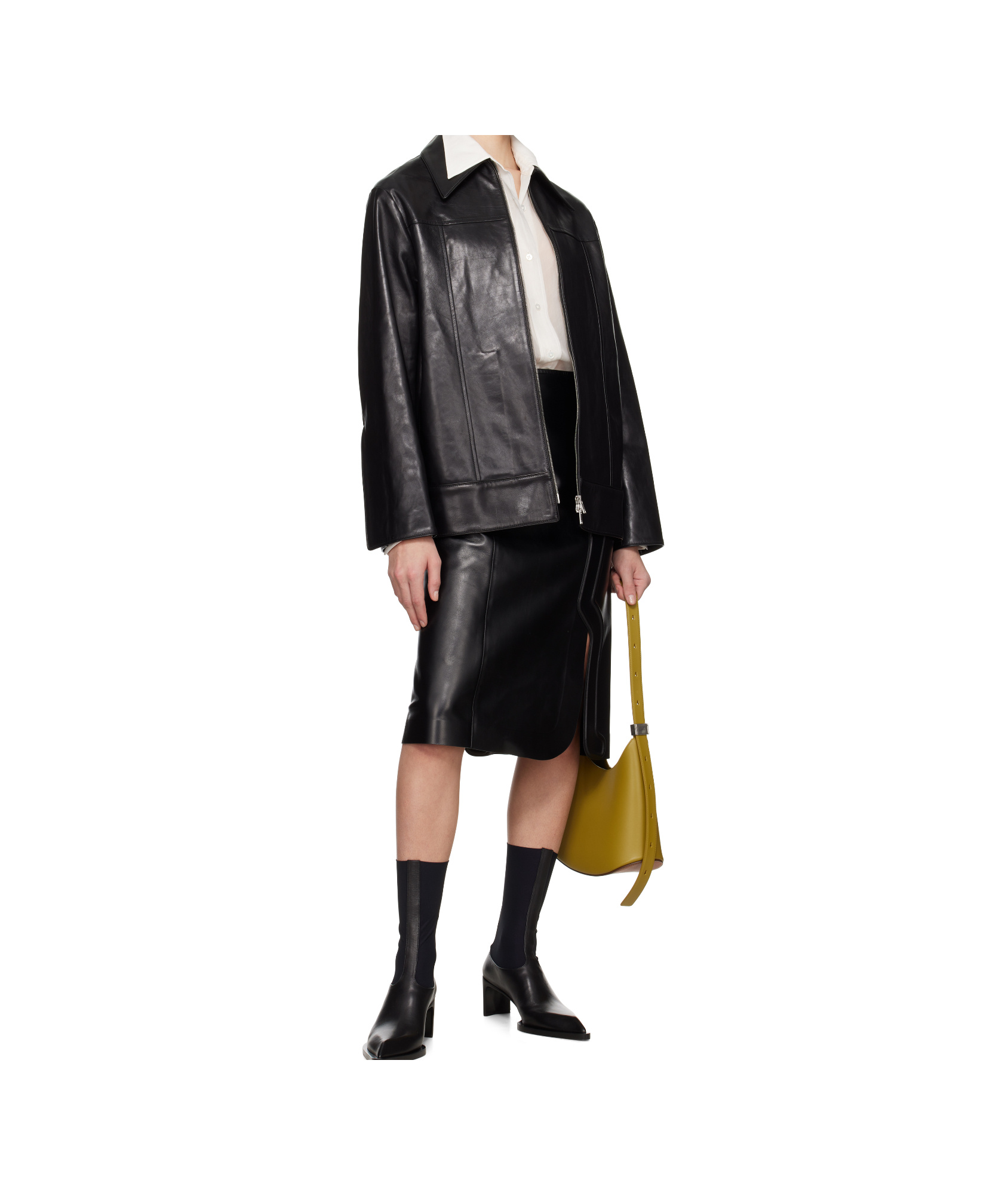 Jil Sander Black Grained Leather Midi Skirt