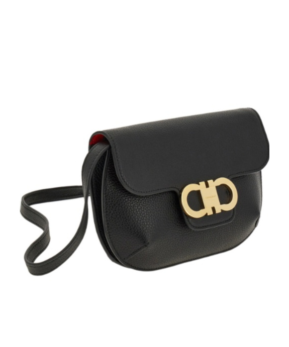 Ferragamo Double Gancini Mini Leather Shoulder Bag In Black