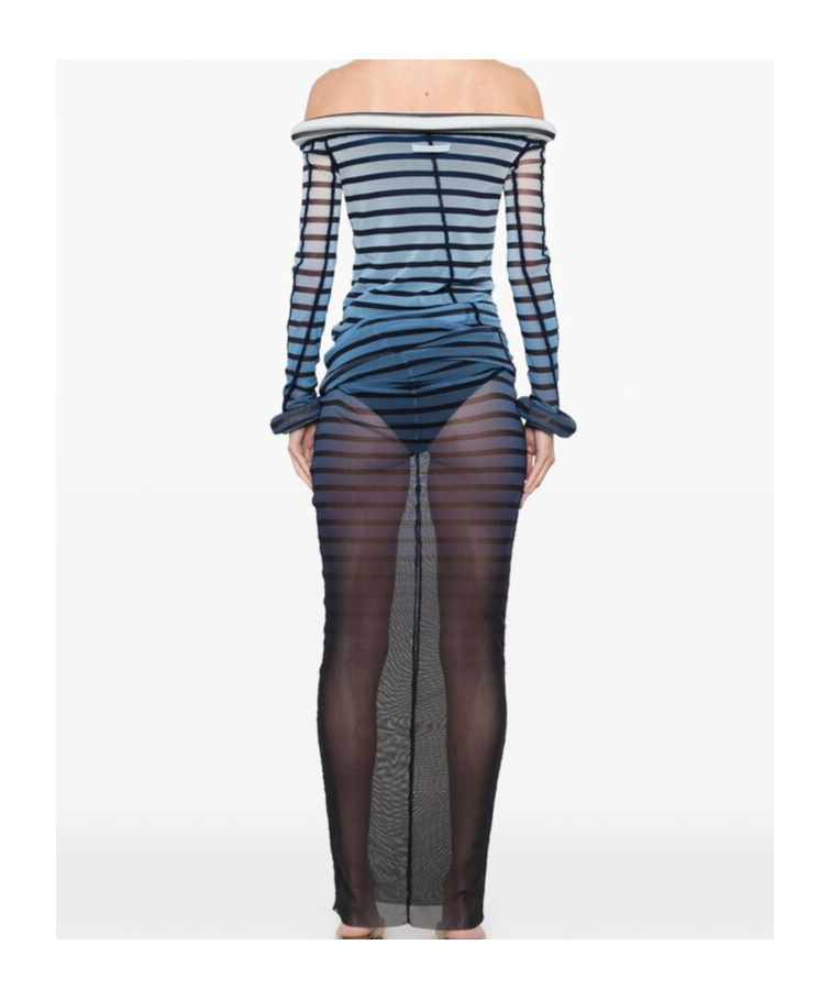 Jean Paul Gaultier Elegant Mesh Boat Neck Long Dress With 3d Collar And Cuff In Black