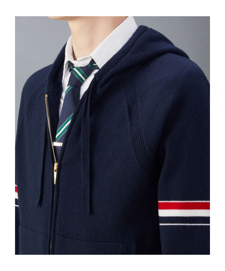 Thom Browne Zip-up Hoodie With Drawstring And Contrast Stripes In Black