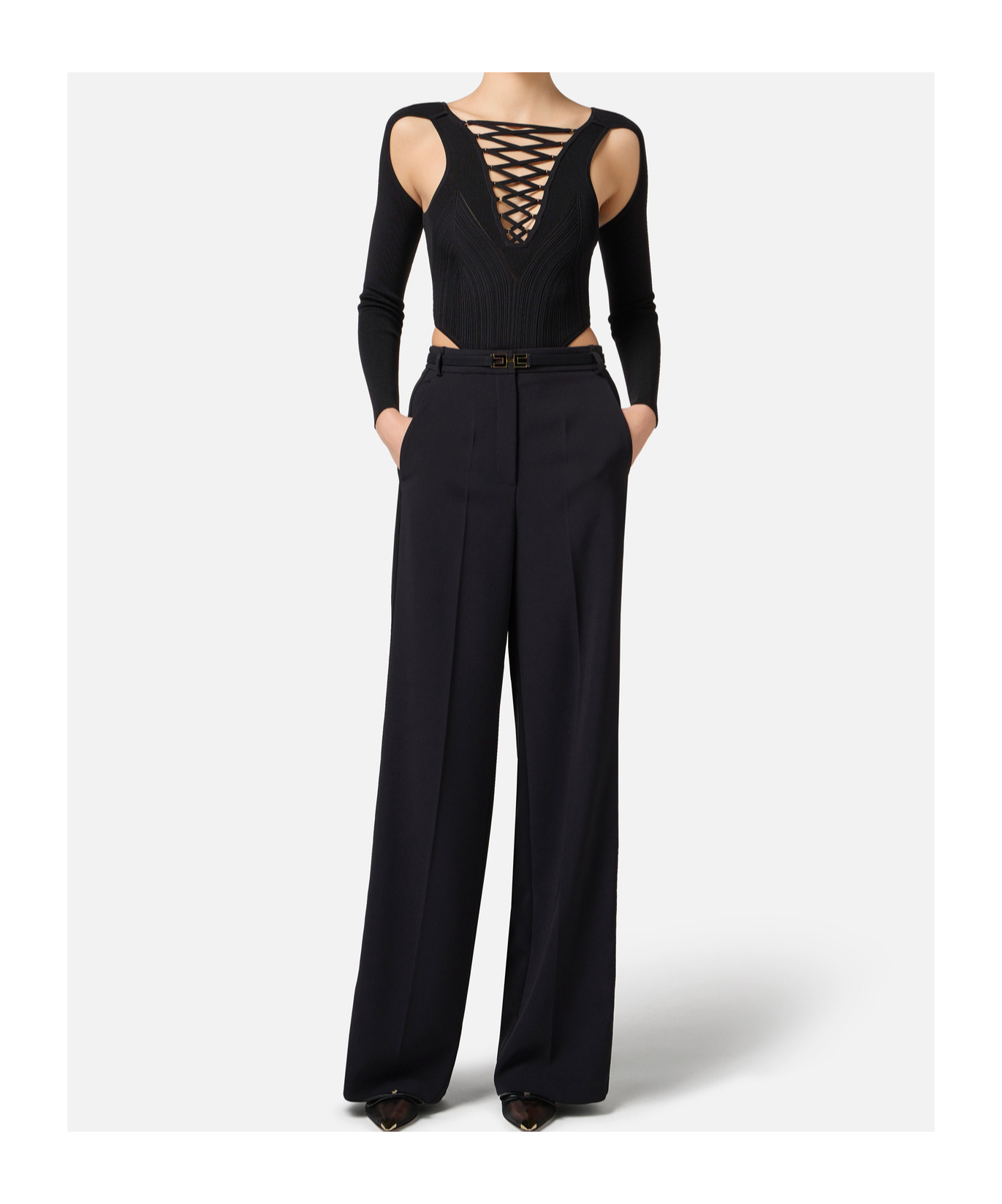Elisabetta Franchi Wide-leg Trousers With High Waist In Black