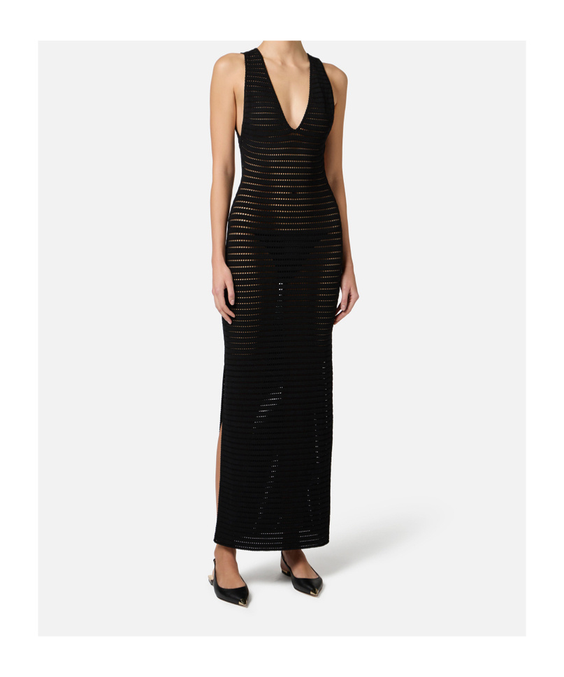 Elisabetta Franchi Abito In Maglia Traforata Con Spacco In Black