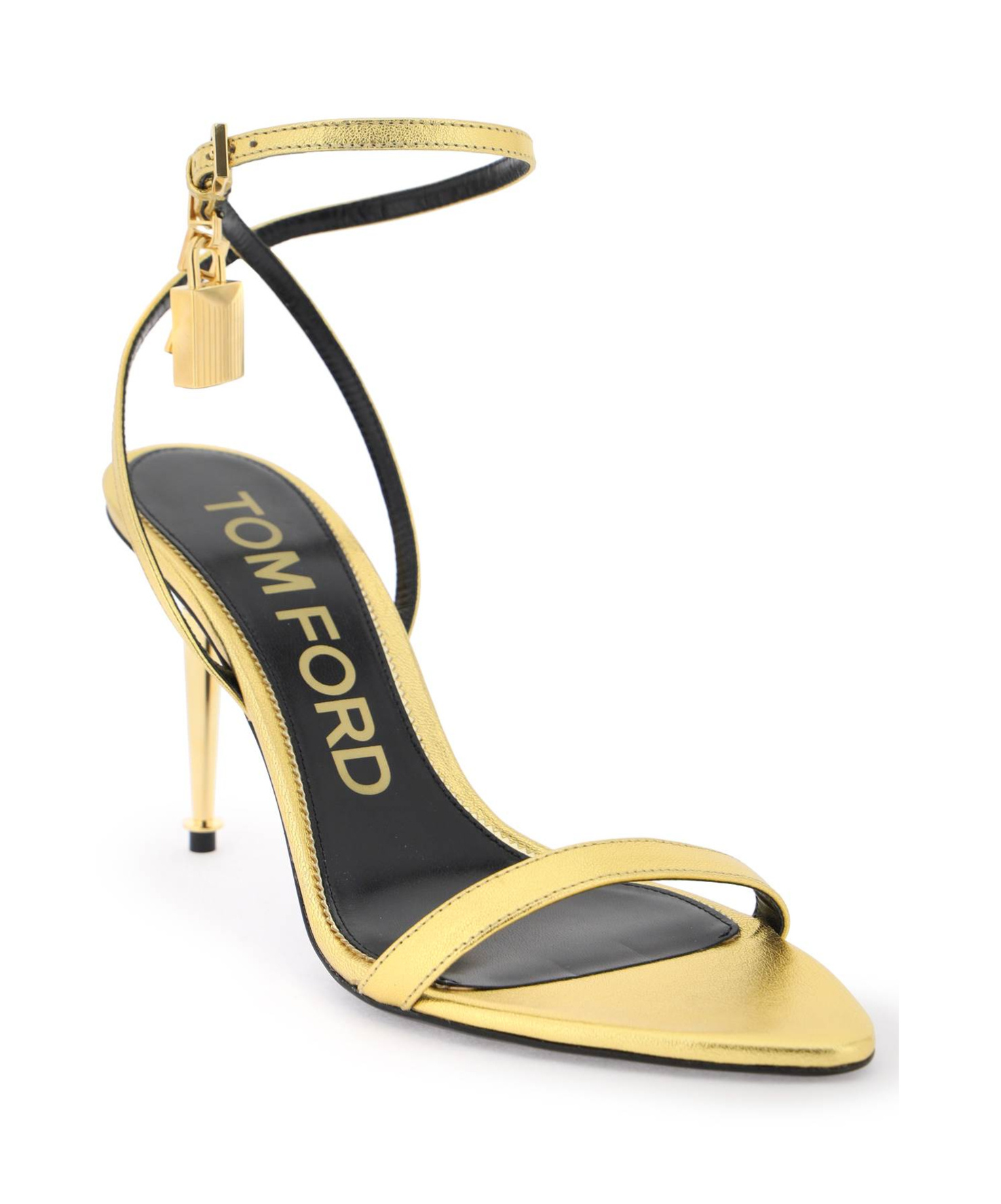 Tom Ford Gold Padlock Pointy Naked Heeled Sandals In Nude