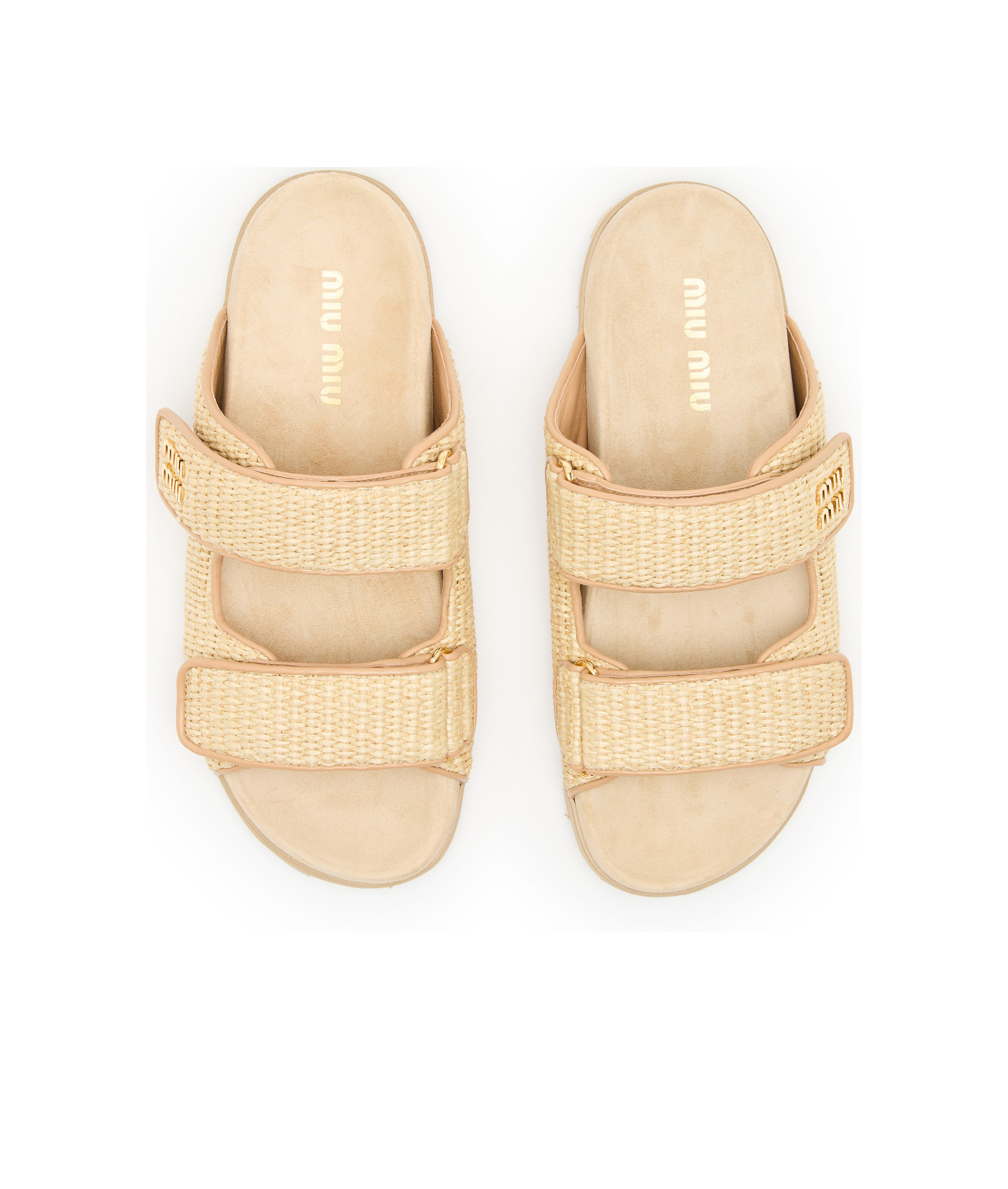 Miu Miu Miumiu Gold Logo Raffia Sandals In Nude
