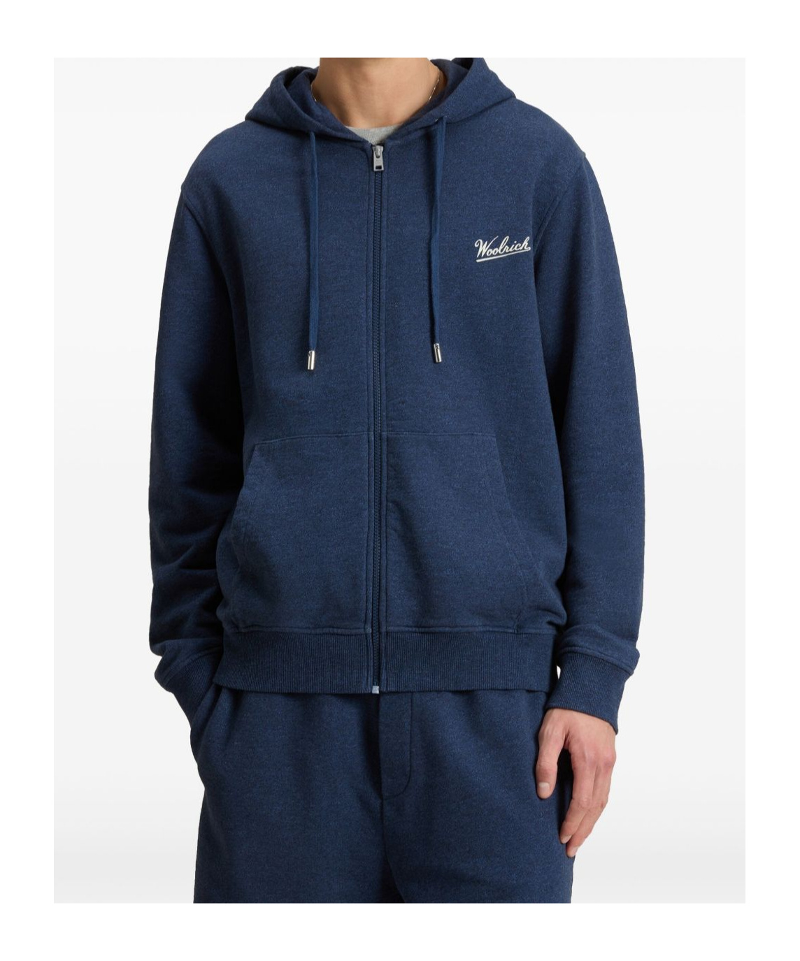 Woolrich Cotton Zip-up Hoodie With Adjustable Drawstring And Front Pockets In Blue