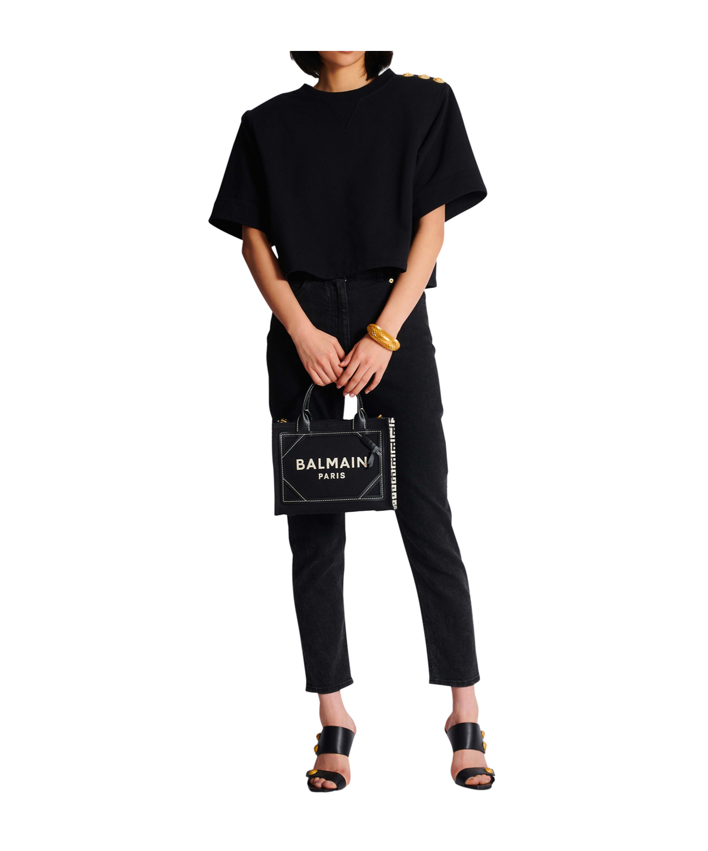 Shop Balmain B-army Tote Bag In Monogrammed Canvas And Leather In Black