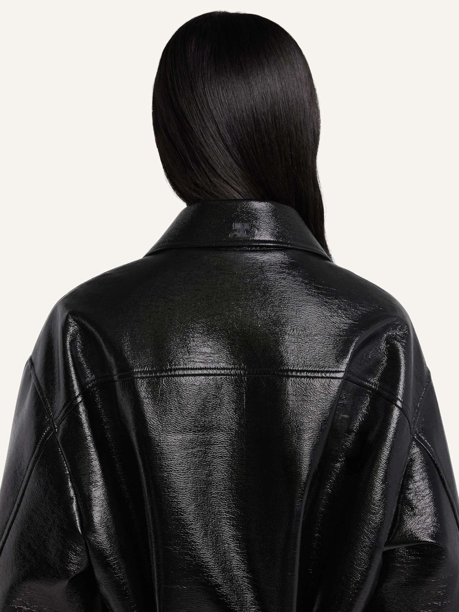 Courrèges Long Vinyl Bomber Jacket With Belted Waist In Black
