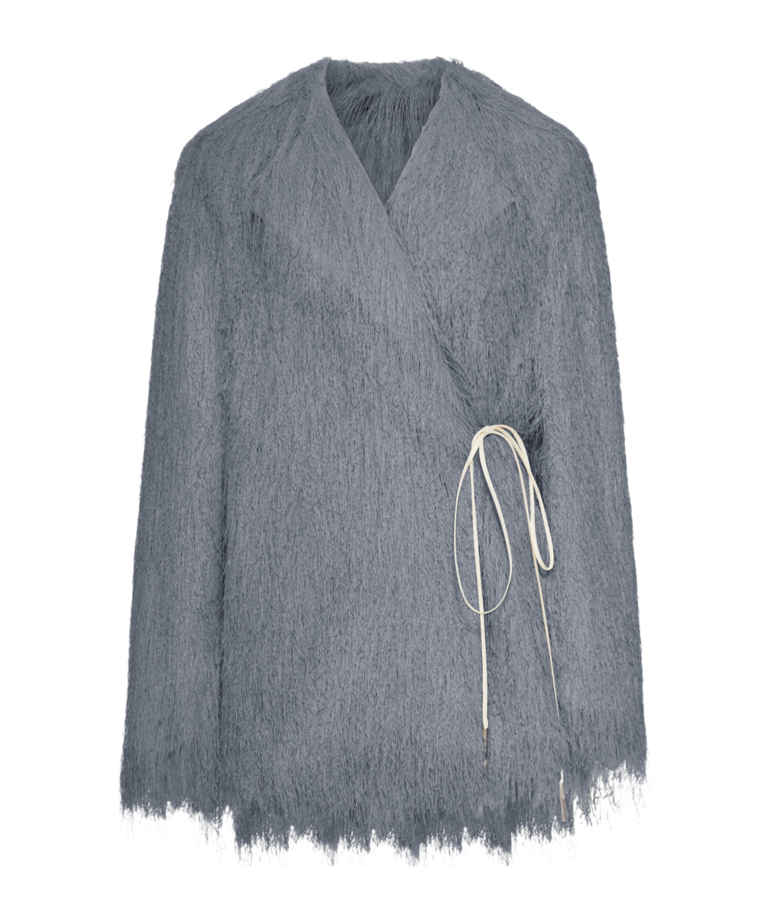 Dries Van Noten Short Coat With Fringed Hem And Tie In Gray