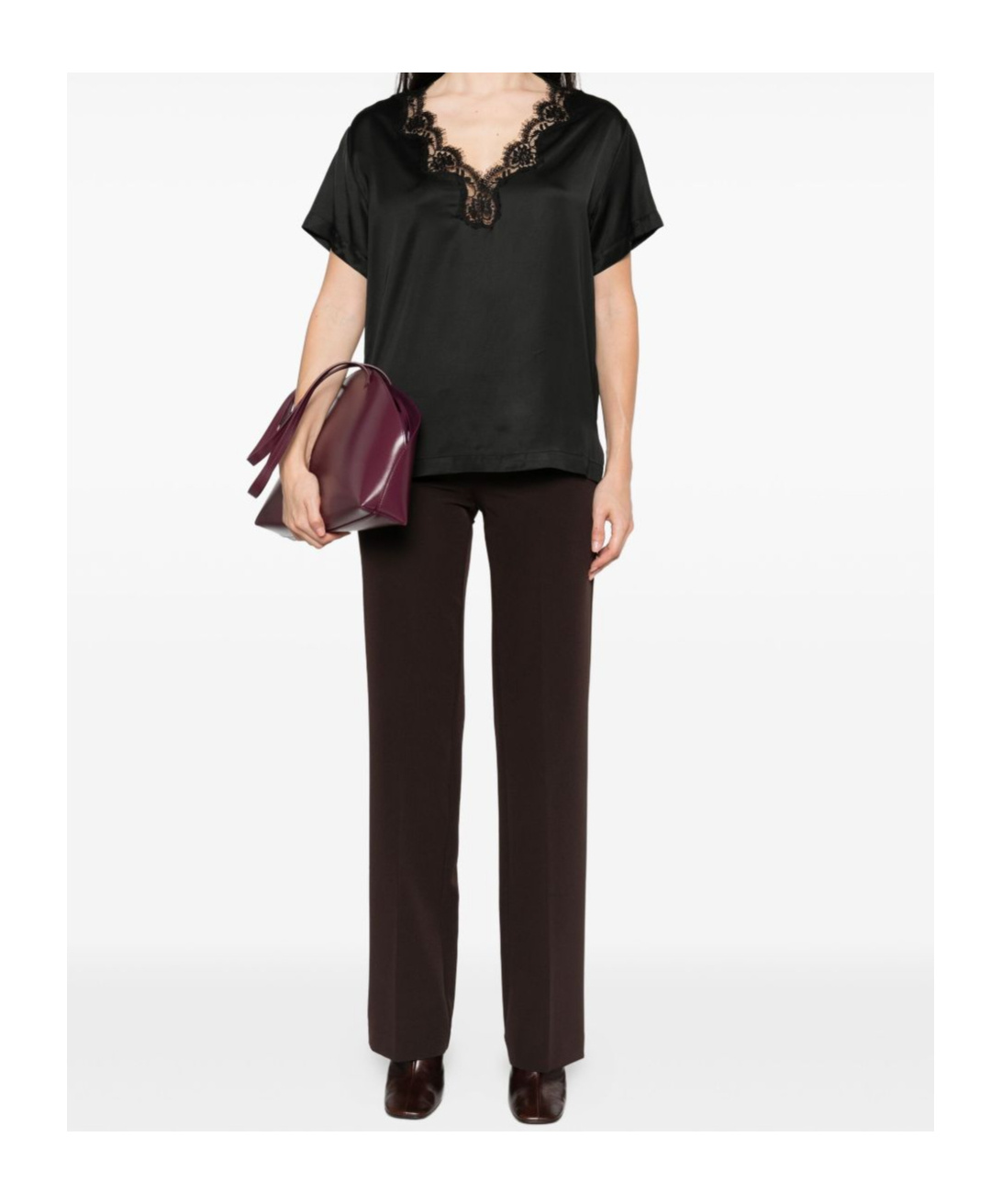 Ermanno Firenze Lace Trim V Neck Short Sleeves Top In Black