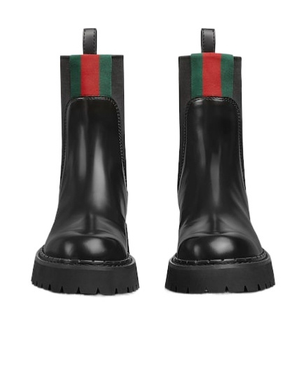 Gucci Thea Webbing-trimmed Glossed-leather Chelsea Boots In Black