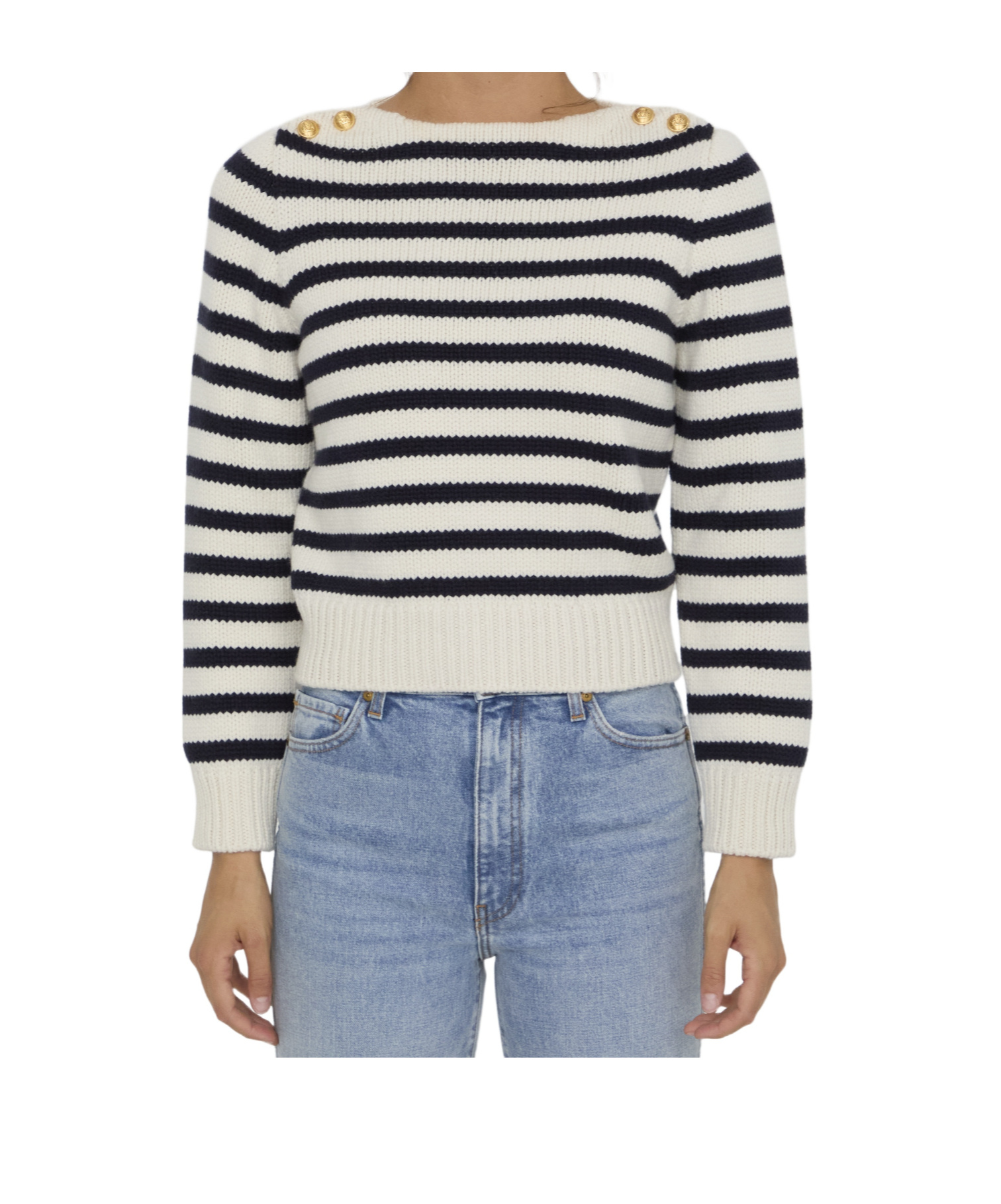 Celine Striped Crew-neck Sweater With Golden-effect Buttons In White