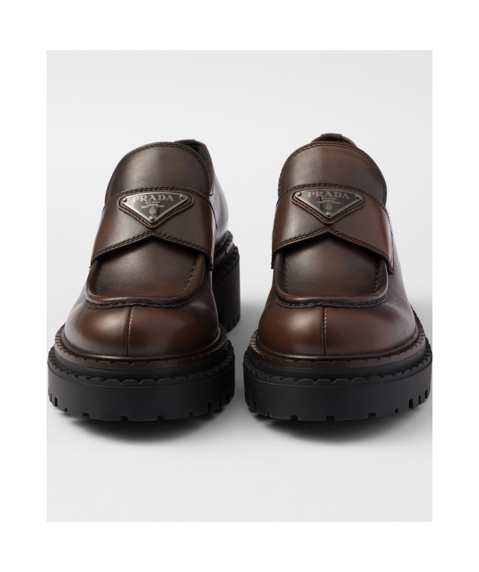 Prada Chocolate Cognac Brushed Leather Moccasin Women In Brown