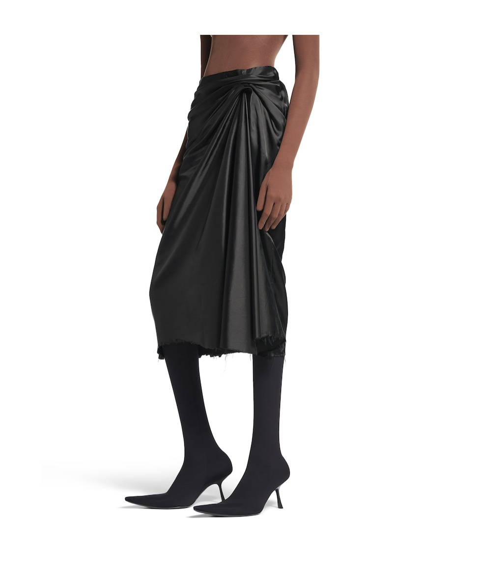 Balenciaga Asymmetric Frayed Gathered Draped Satin Midi Skirt In Black