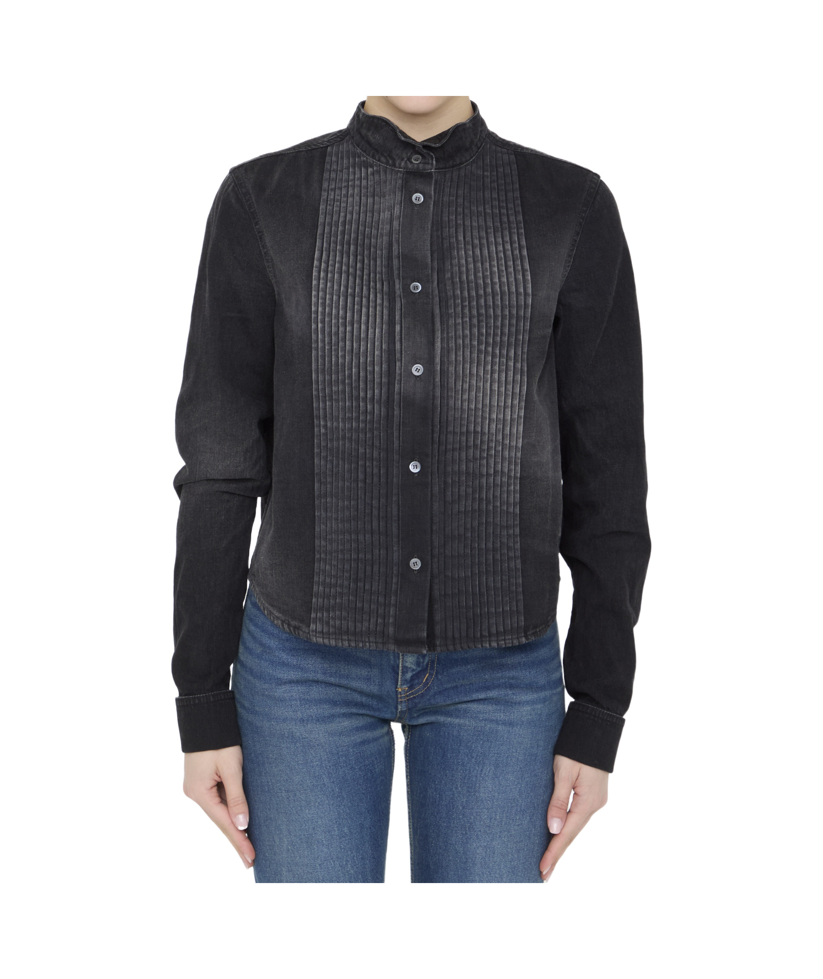 Loewe Pleated Bib Front Denim Cropped Shirt In Black