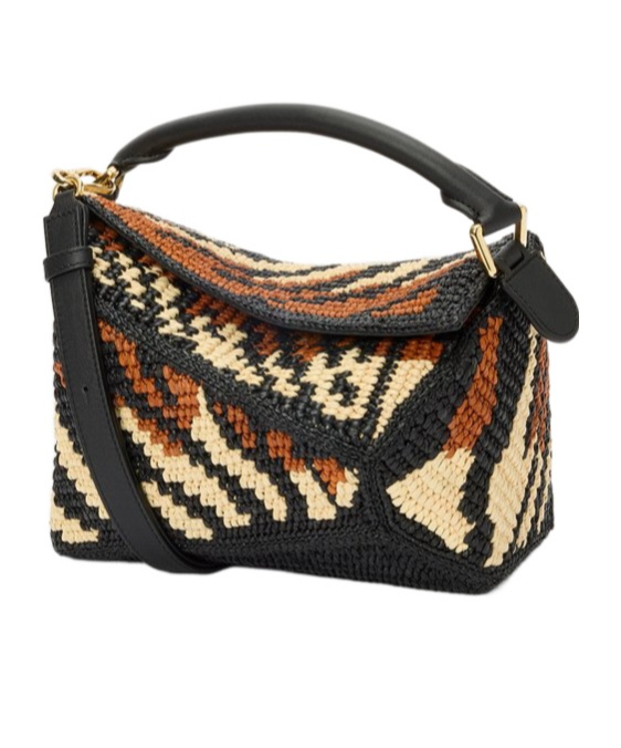 Loewe Small Puzzle Edge Bag In Raffia And Calfskin