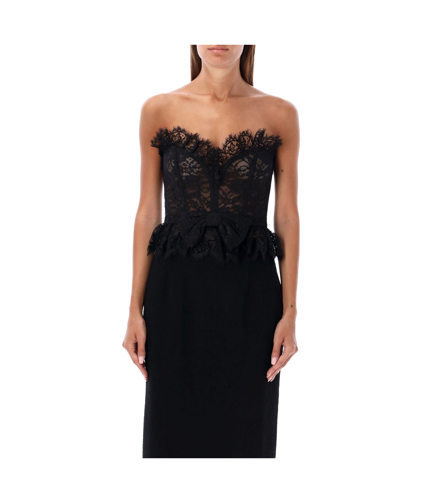 Alessandra Rich Strapless Bow-embellished Lace Bustier Top In Black