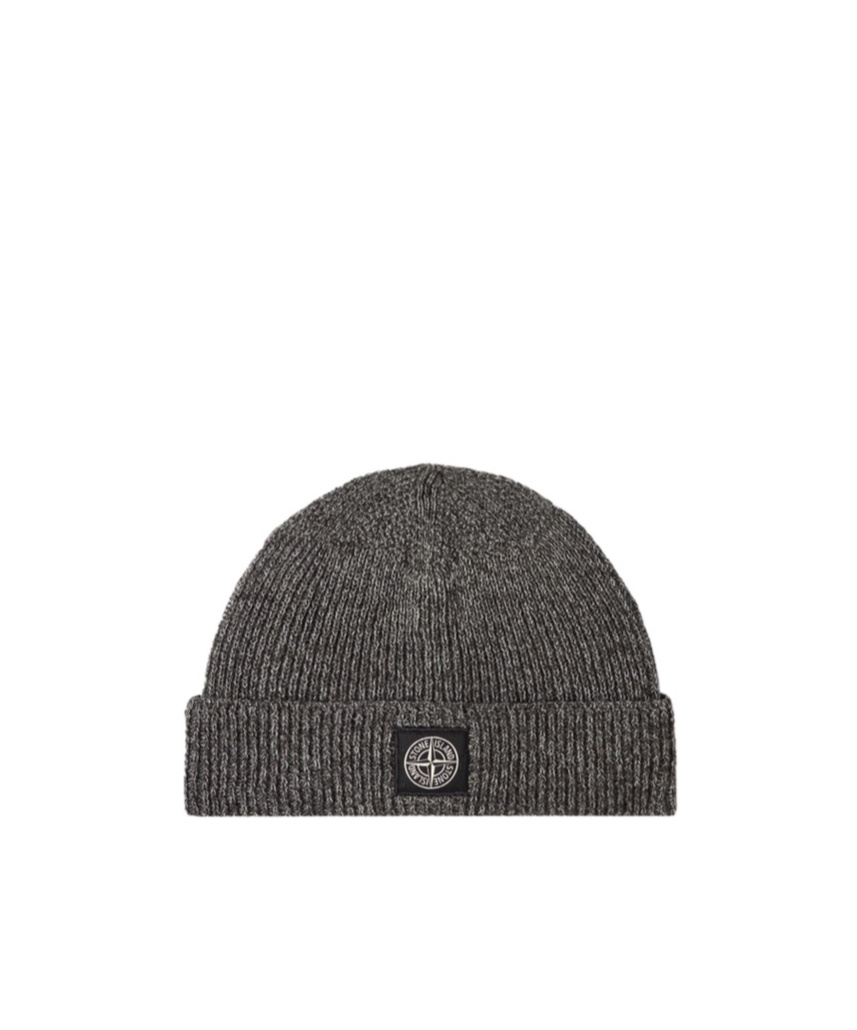 Stone Island Ribbed Knit Beanie With Folded Cuff And Logo Patch In Black
