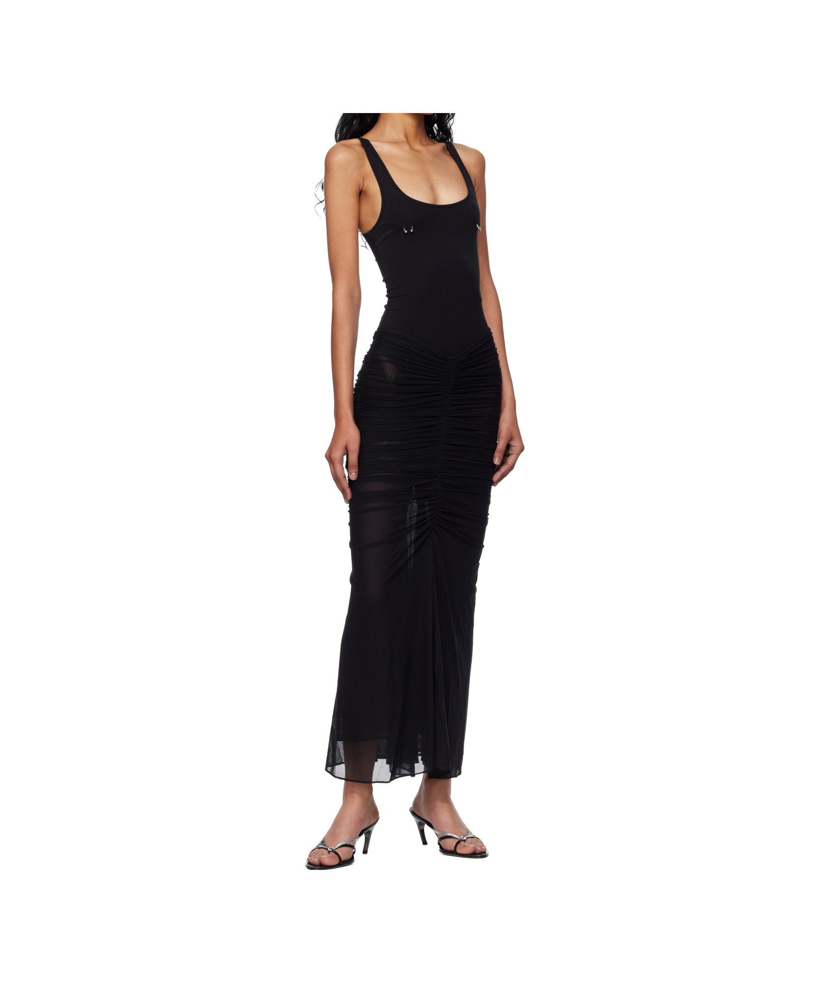 Mugler Black Ruched Mesh Midi Skirt In Black