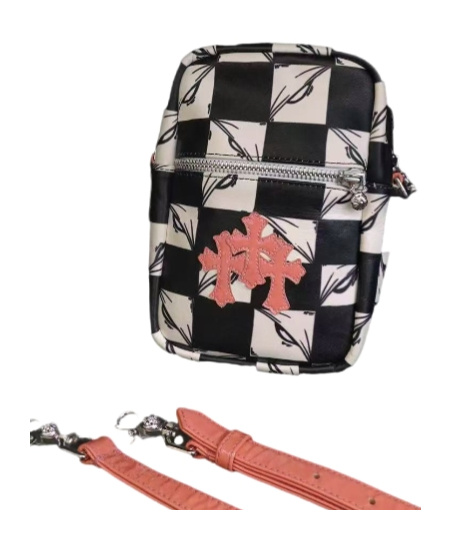 Chrome Hearts Cross-stitched Leather Checkerboard Camera Bag In Black