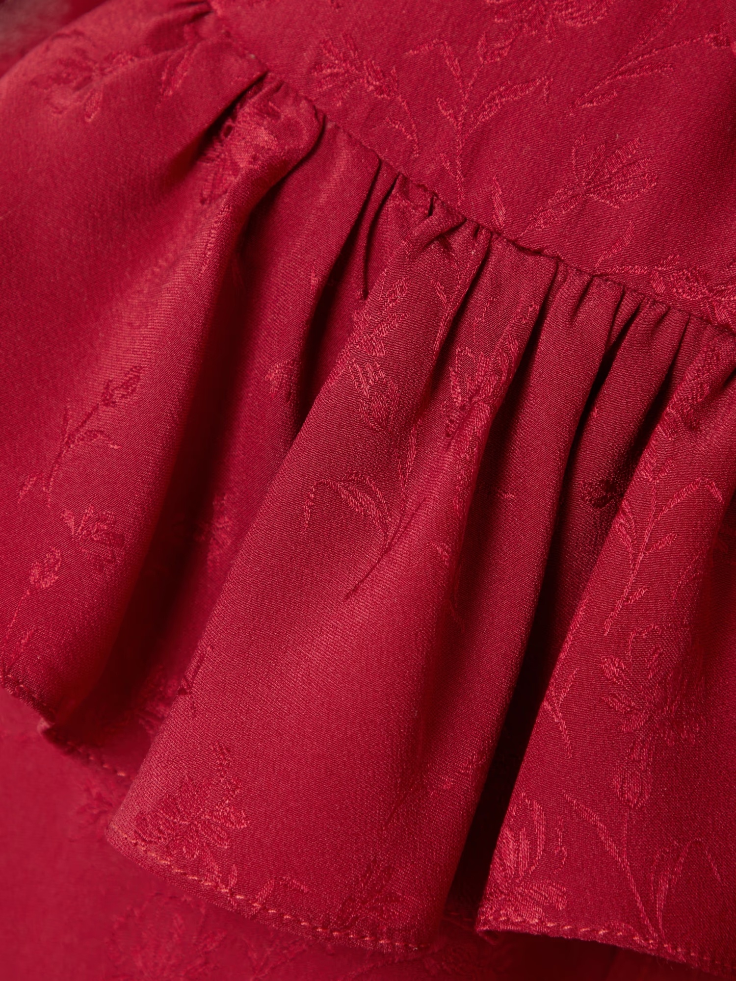 Saint Laurent Ruffled Floral Silk-jacquard Blouse In Red