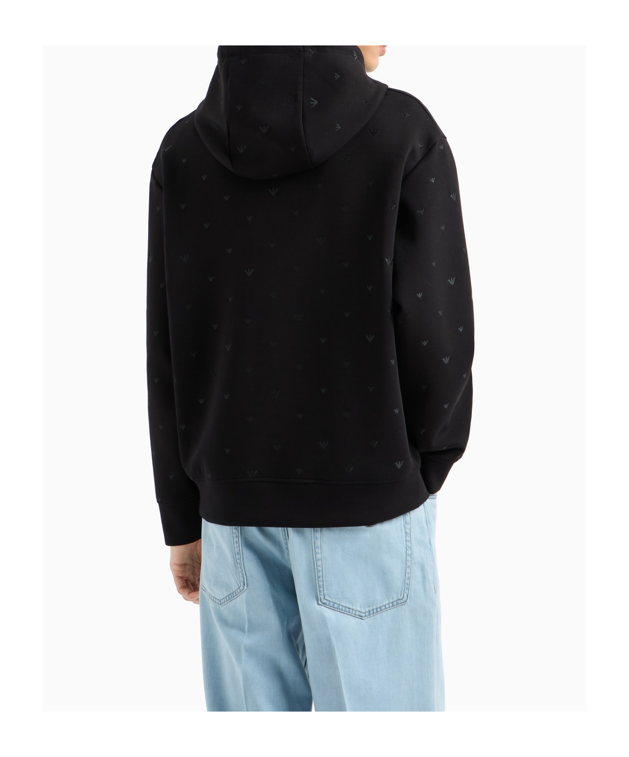Emporio Armani Double-jersey Hooded Sweatshirt With All-over Micro Eagle Embroidery In Black