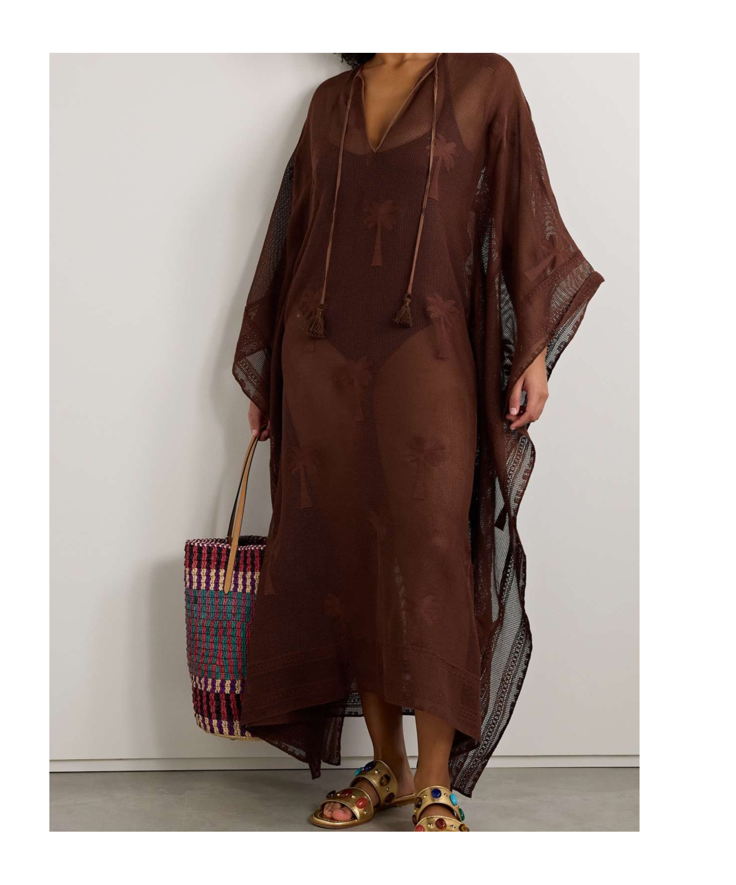 Shop Johanna Ortiz Embroidered Cotton-mesh Coverup Chocolate In Chocolate-colored