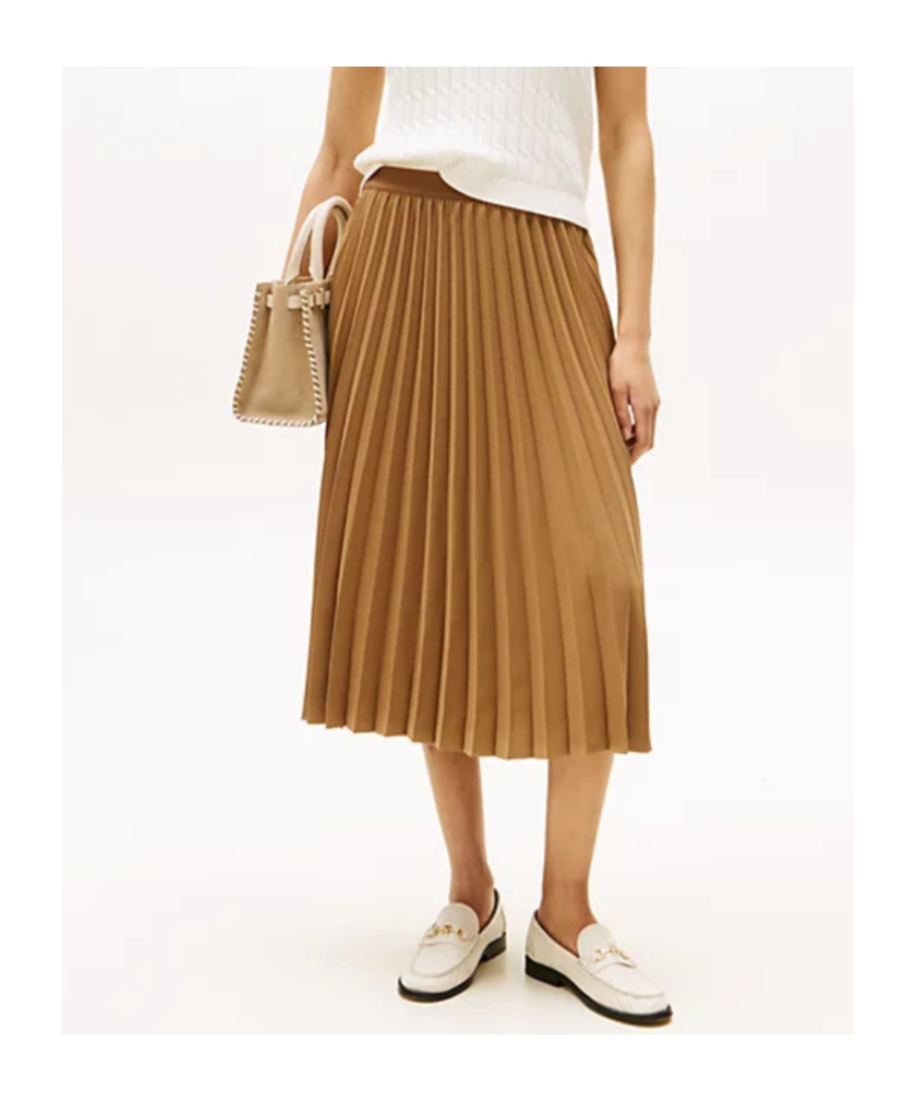 Tommy Hilfiger Logo Waistband Pleated Midi Skirt In Brown