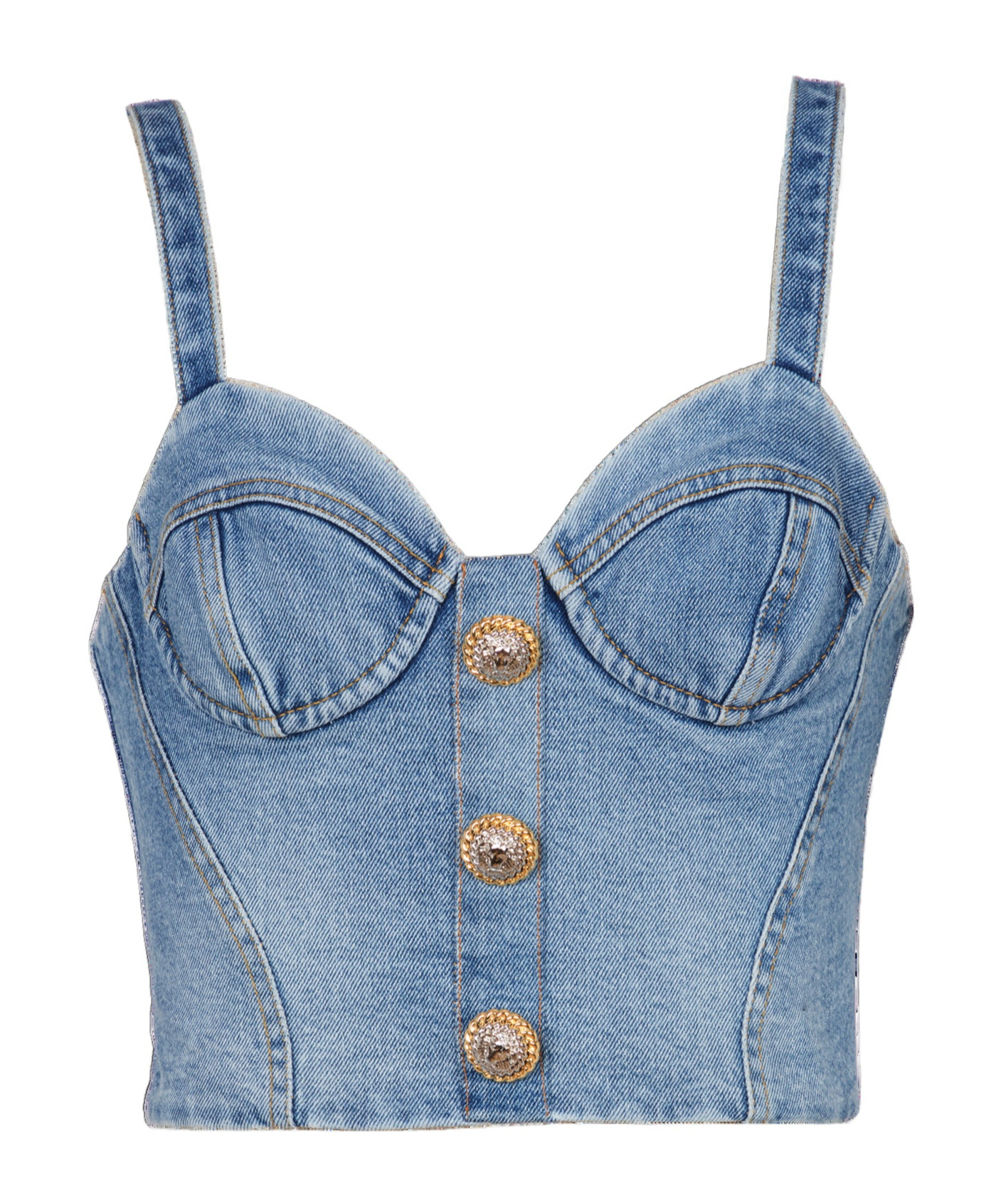 Balmain Button-embellished Denim Bustier Top In Blue