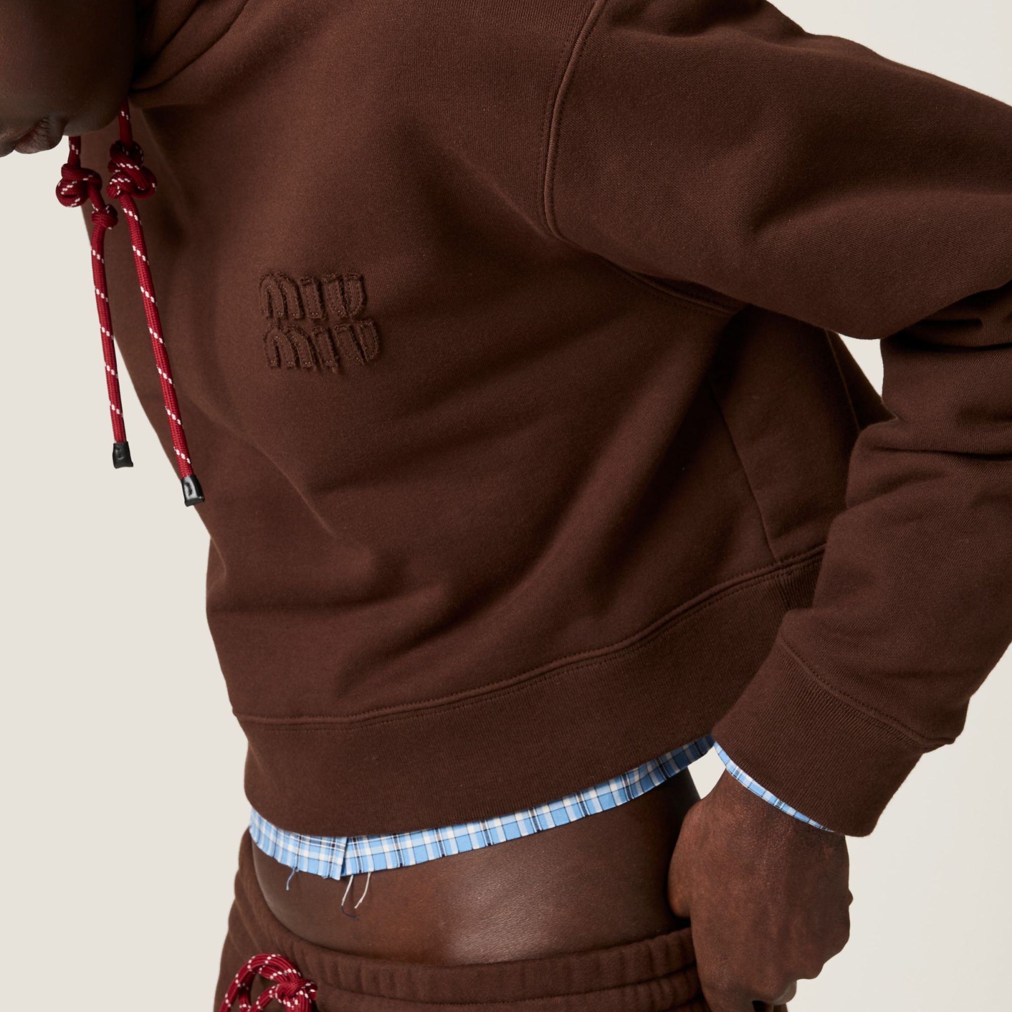 Miu Miu Long-sleeved Hooded Hoodie In Brown