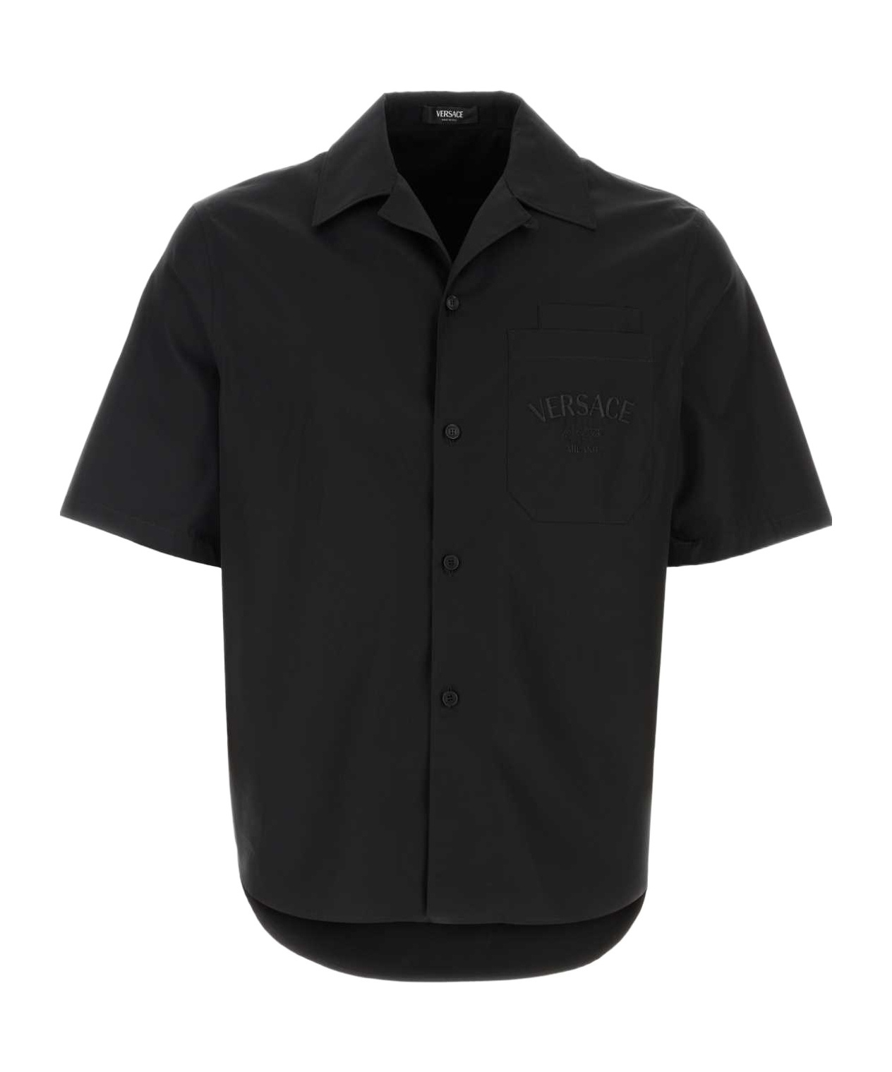 Versace Barocco-printed Short-sleeved Poplin Shirt In Black
