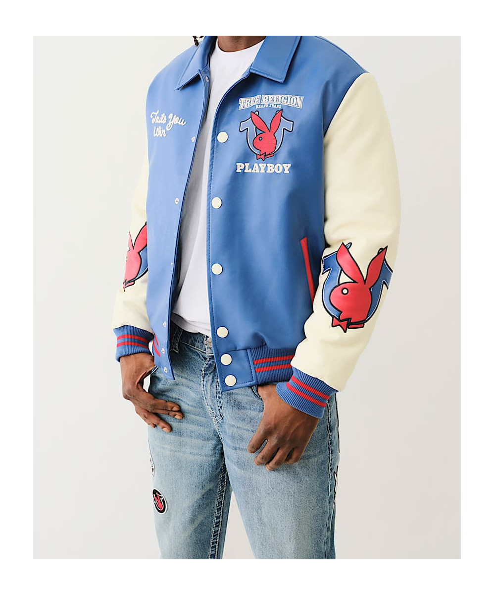 True Religion Playboy X Bomber Varsity Jacket In Blue