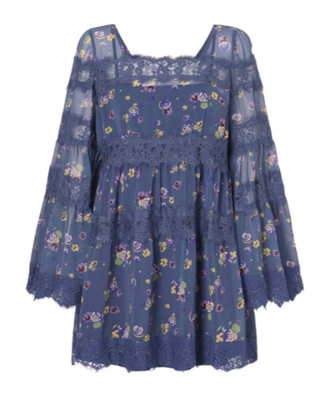 Anna Sui Pleated Floral-print Lace-trimmed Chiffon Mini Dress In Blue