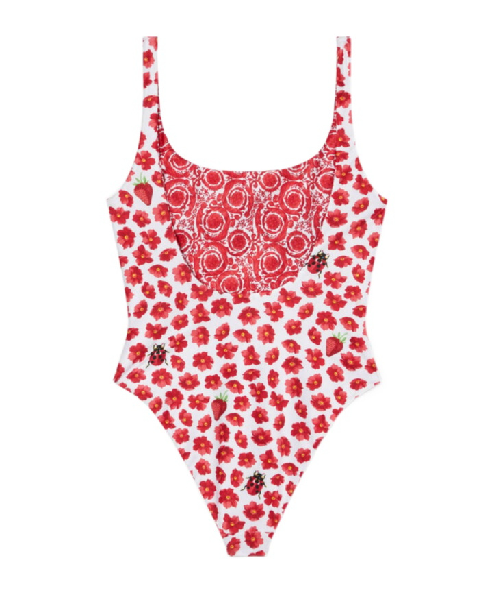 Versace Strawberry Garden Barocco Reversible One-piece Swimsuit In Red