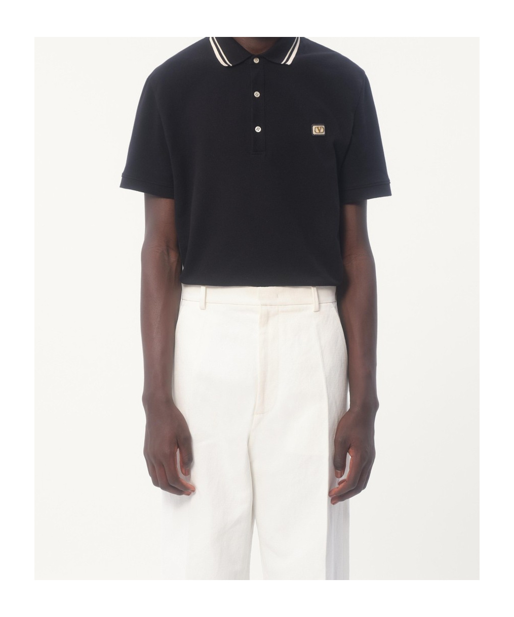 Valentino Garavani Black Polo Shirt With Classic Bicolor Collar And Logo Patch On The Front In Cotto In Black