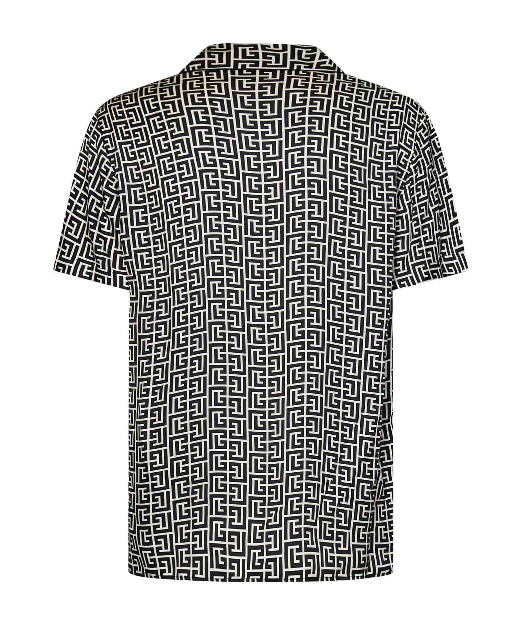 Balmain Black And White Bowling Shirt With All-over Monogram In Cupro Man In Black