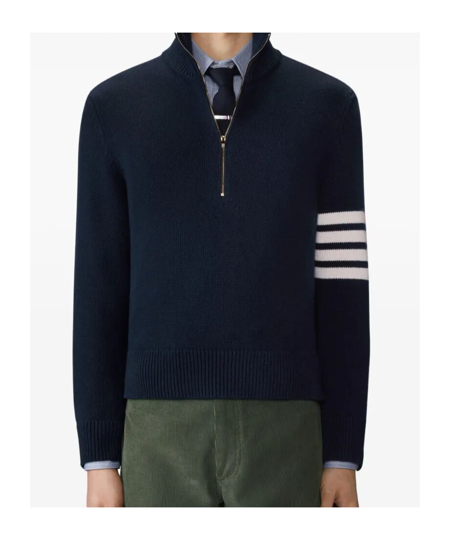 Thom Browne Jersey Stitch Funnel Neck Half Zip Pullover In Merino Wool With 4 Bar Stripe In Blue